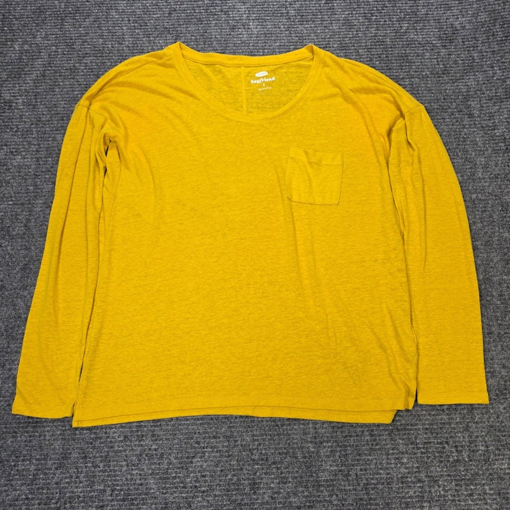 Old Navy Boyfriend Linen Blend Tee Women's Size M Yellow Long Sleeve Pocket